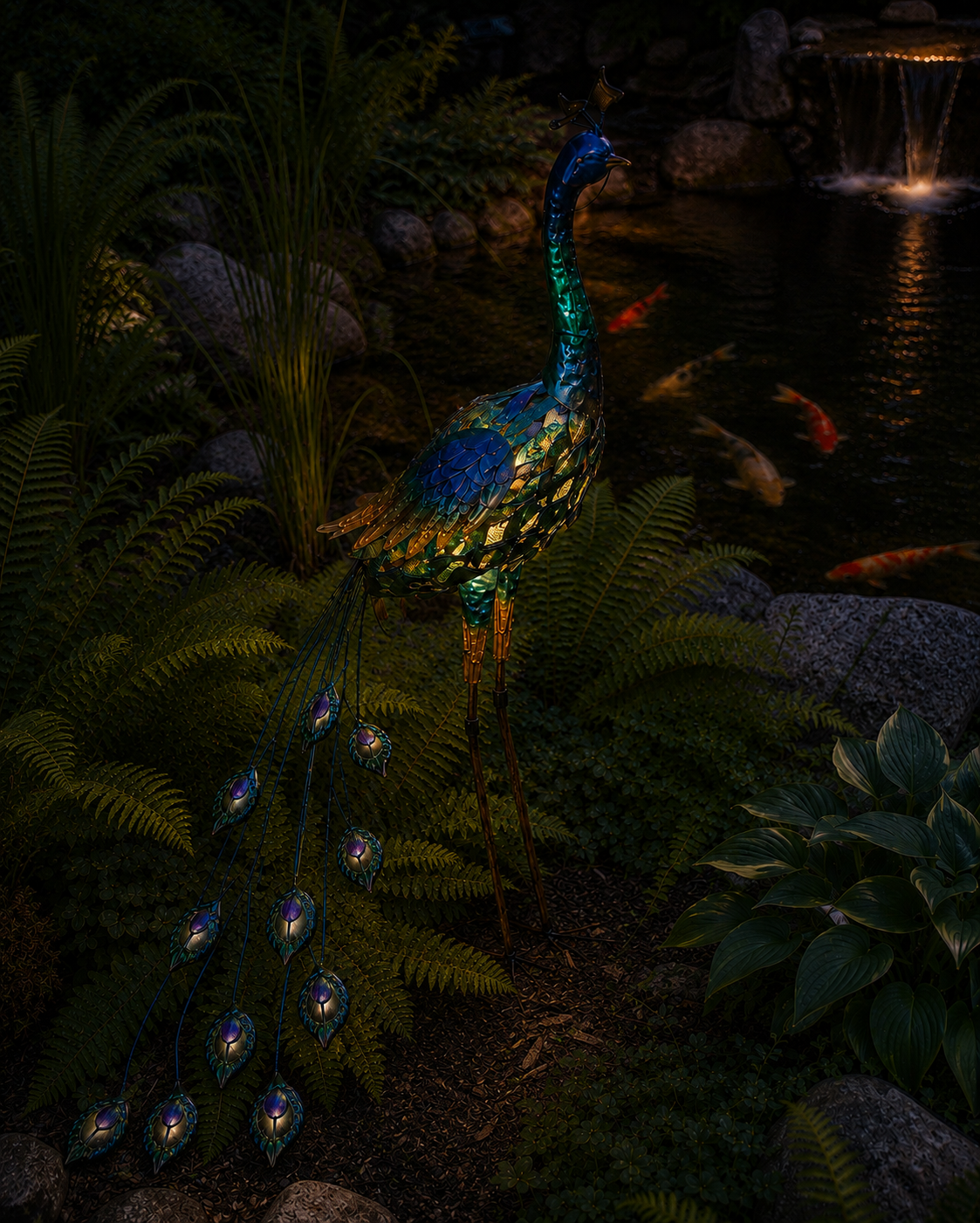 A peacock with a solar light by the pond at dusk, its tail glowing.