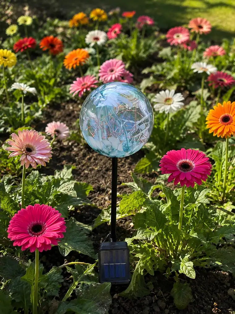 A glass solar orb on a slender stake among pink and orange gerberas in daylight.