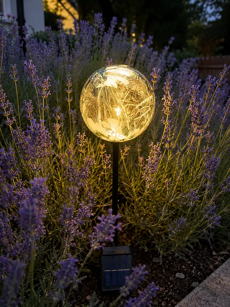 The same sphere glowing warm gold among lavender after dusk.