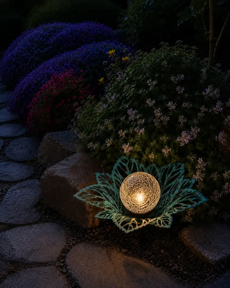 A turquoise lotus glowing with warm light beside paving at night.