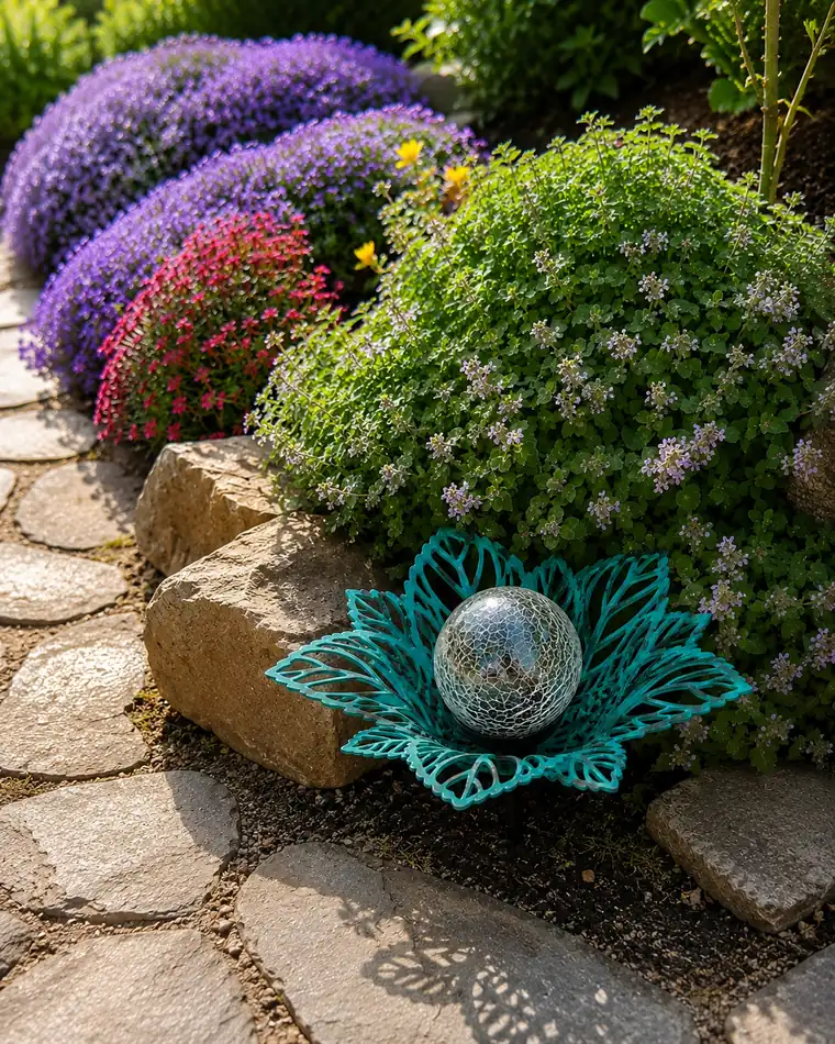 A turquoise metal lamp in the shape of a lotus beside stone paving.