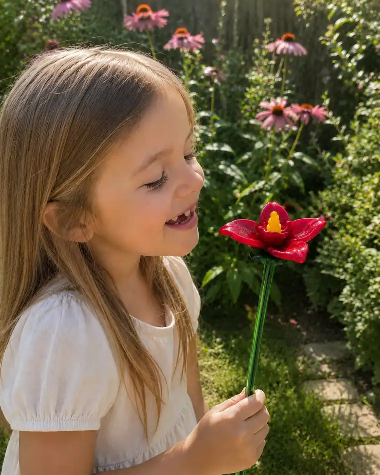 A laughing little girl holds a red glass flower in a garden in full bloom.