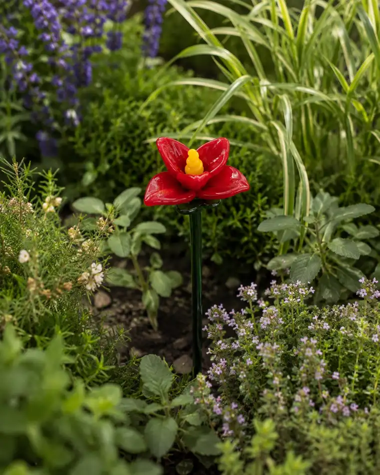 A red glass flower in a bed among wild thyme and ornamental grasses.