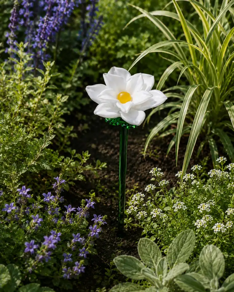 A white glass camellia planted in a bed among bellflowers and spirea.