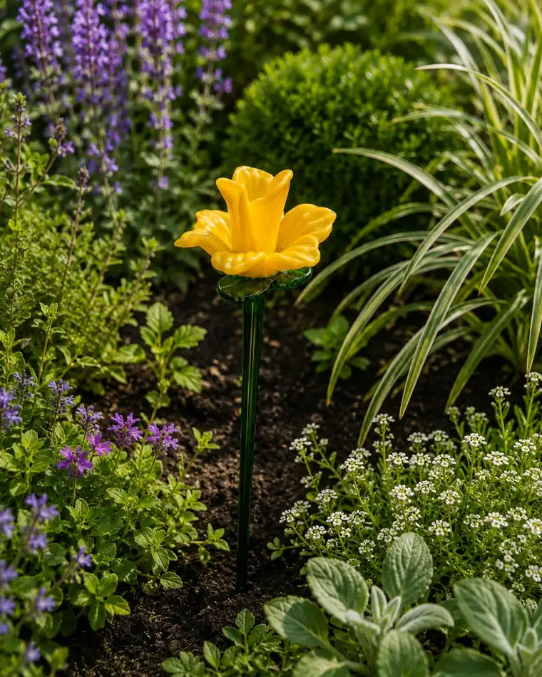 A yellow glass daffodil in a bed among sage and alyssum.