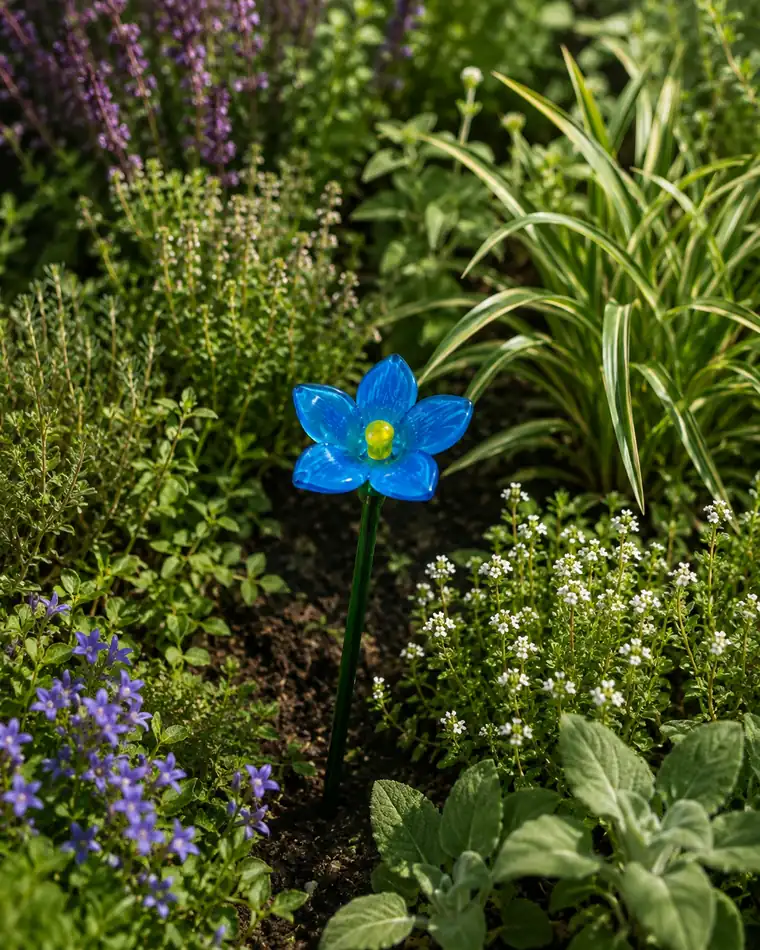 A light blue glass flower in a herb border with thyme.