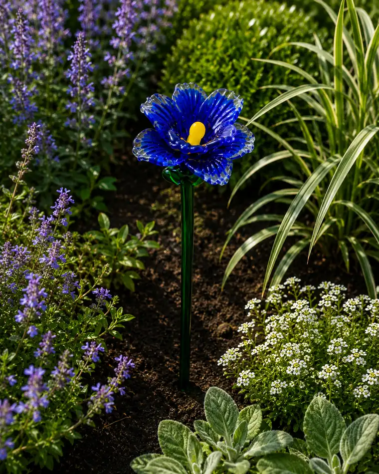 A dark blue glass flower in a bed between sage and ornamental grass.