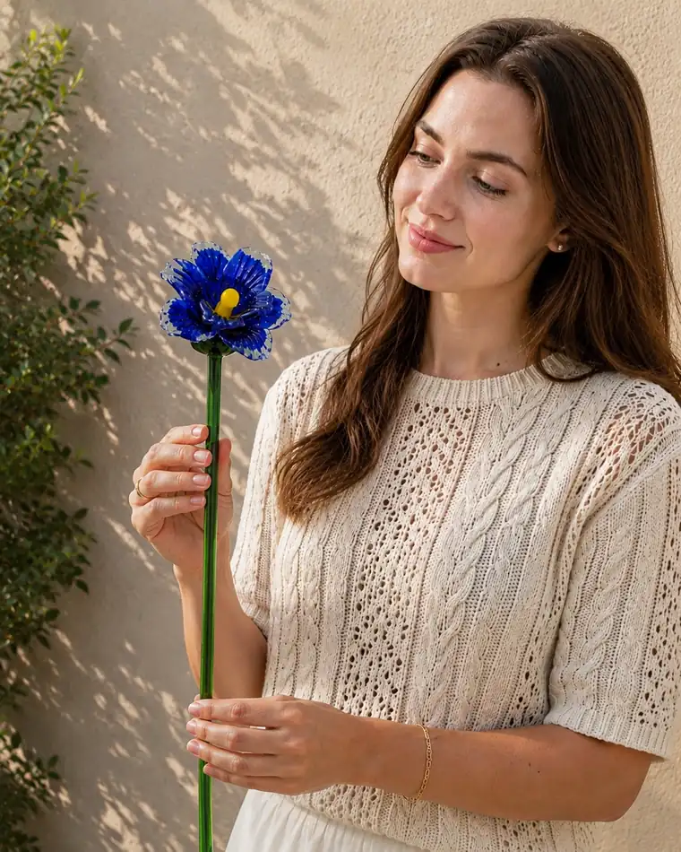 A woman in a knitted jumper holds a deep blue glass flower against a sunlit wall.