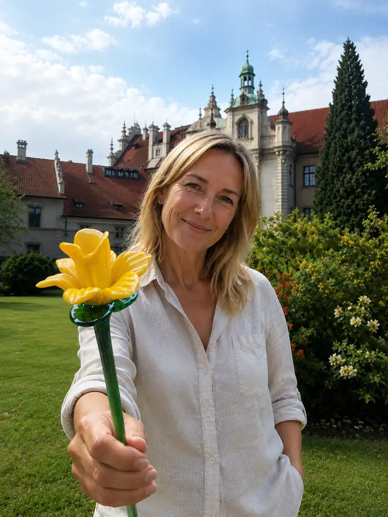A woman in a white linen shirt holds a yellow glass daffodil in her outstretched hand, with a garden by a historic manor house in the background.