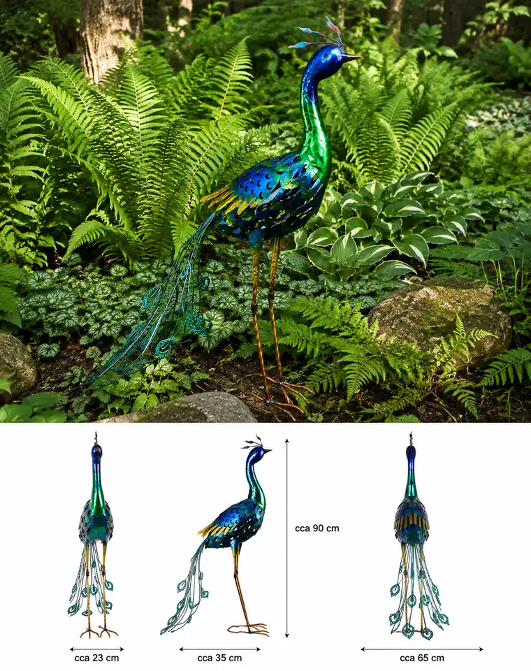 Peacock dimensions diagram: height 90 cm, side depth 35 cm, tail spread 65 cm.