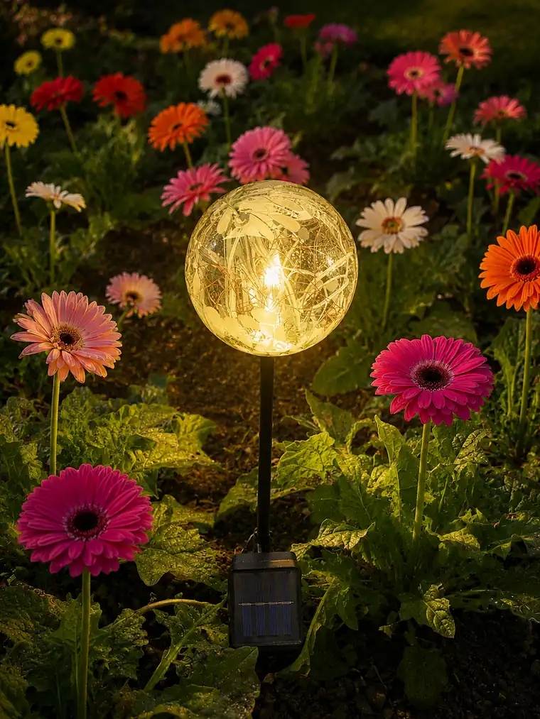 The same sphere after dusk, glowing a warm gold above the gerbera bed.