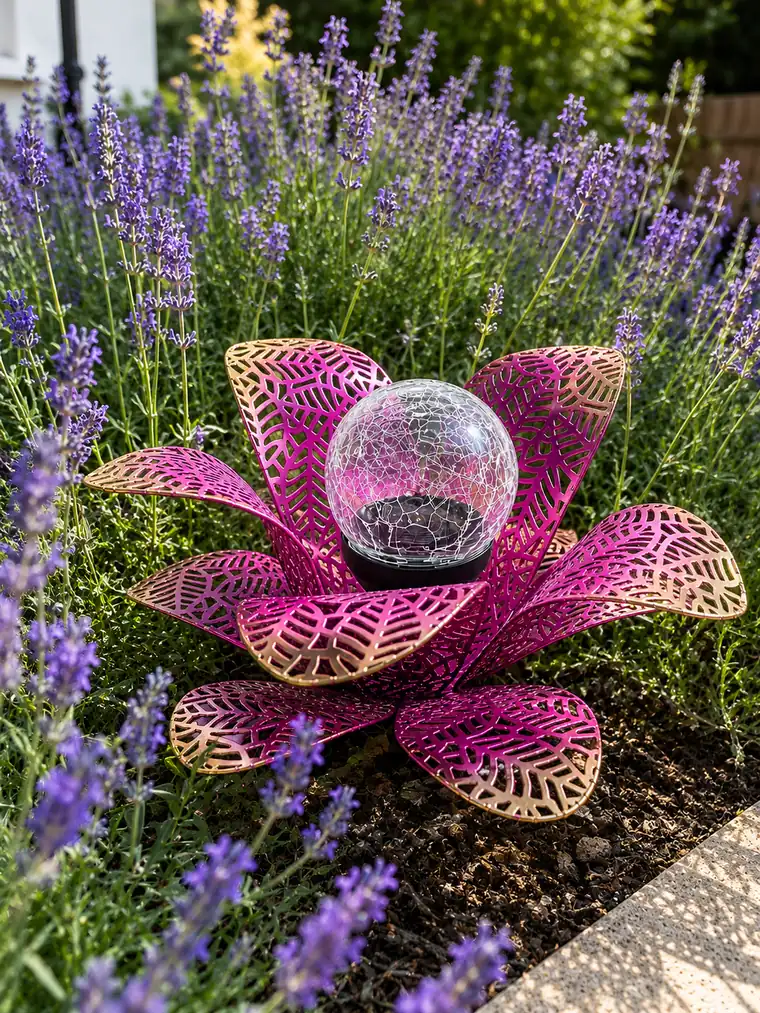 A purple metal lotus-shaped light with cut-out petals in a lavender bed.