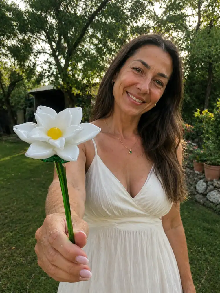 A woman in a white dress holds a white glass camellia in an evening garden.