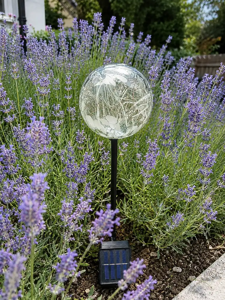 A clear glass sphere on a stake in a lavender bed by day.