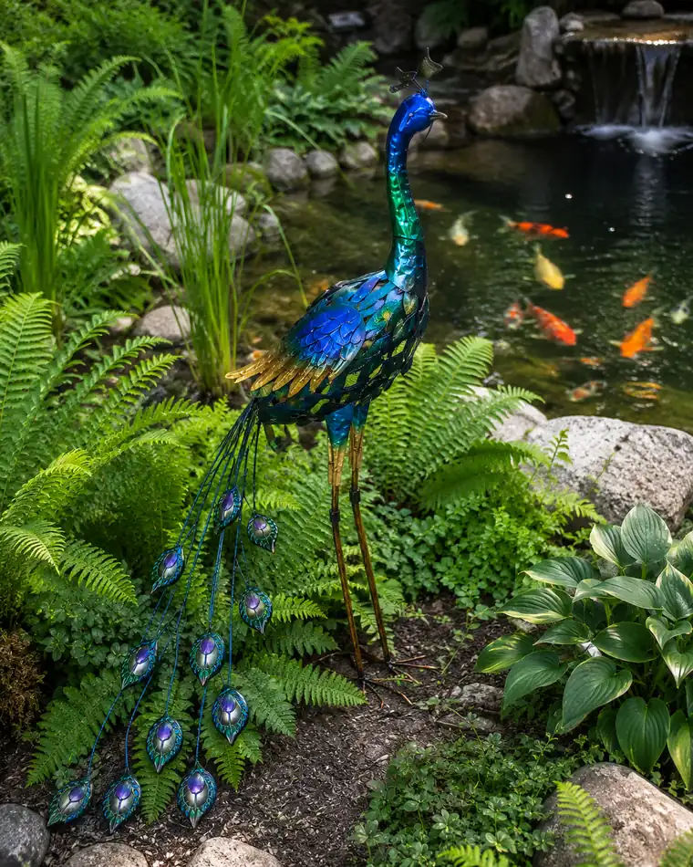 A metal peacock sculpture with an unfurled tail, beside a pond with koi carp.